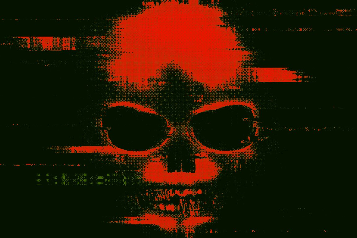 An illustration of a digitized, pixelated skull glitching in darkness.