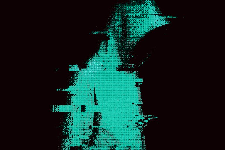 A glitched bitmap silhouette of a hooded hacker-type.