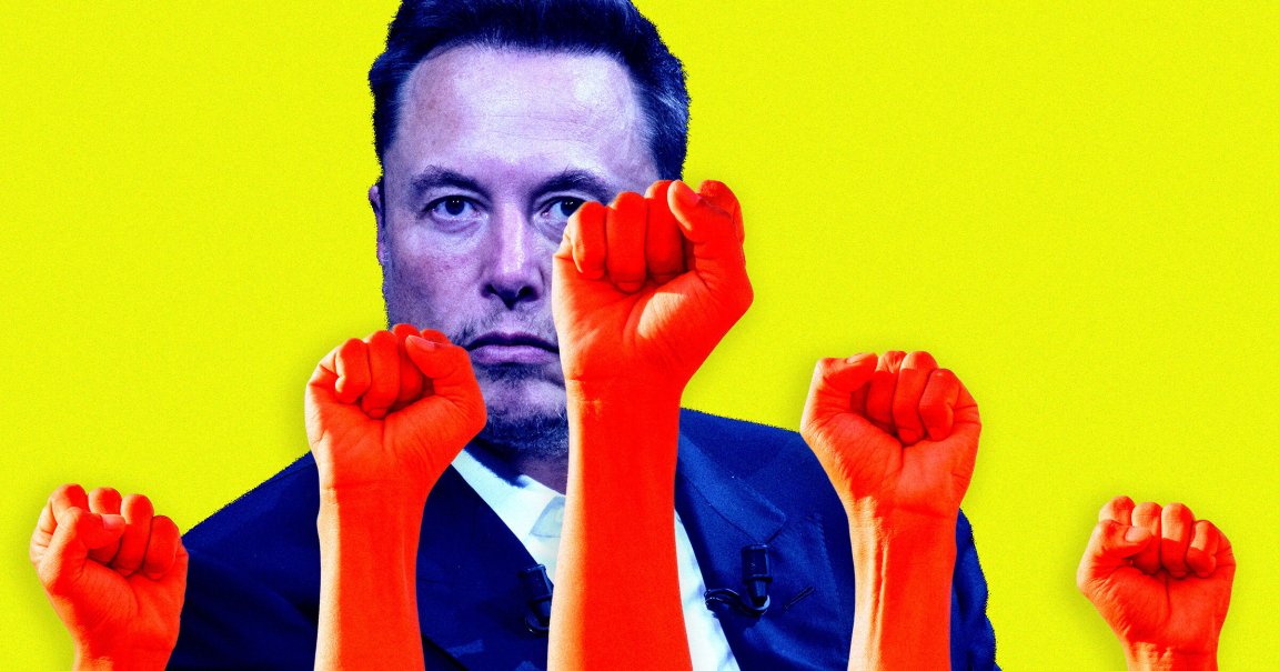 A photo illustration of fists rising up in rebellion in front of a photo of Elon Musk.