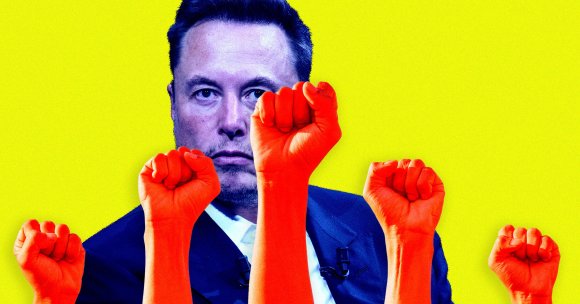 A photo illustration of fists rising up in rebellion in front of a photo of Elon Musk.