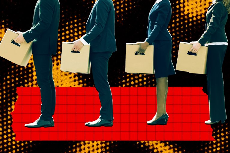 A composite photo illustration of a line of laid off workers holding boxes of their personal belongings.