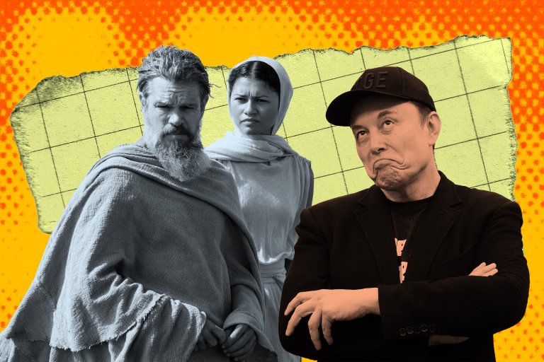 A composite photo illustration featuring Elon Musk with his arms folded, next to Matt Damon and Zendaya as Odysseus and Athena in a film still from Christopher Nolan's 2026 film "The Odyssey."