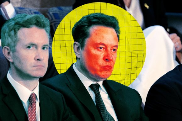 A comic photo illustration of Elon Musk with his face colored bright red to communicate his anger.