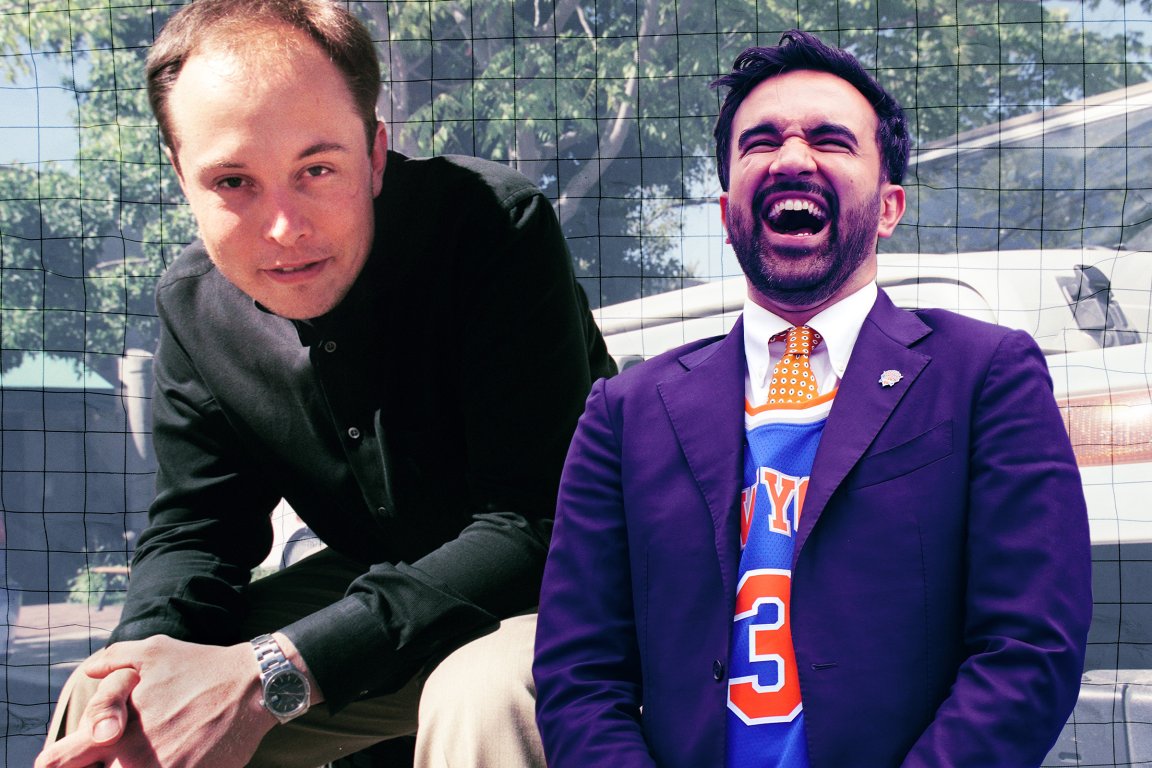 A composite photo illustration featuring New York City Mayor Zohran Mamdani and Elon Musk.