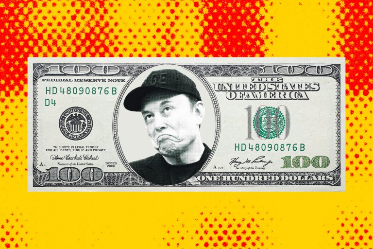A composite photo illustration featuring a $100 dollar bill with Elon Musk's face in the center of it.