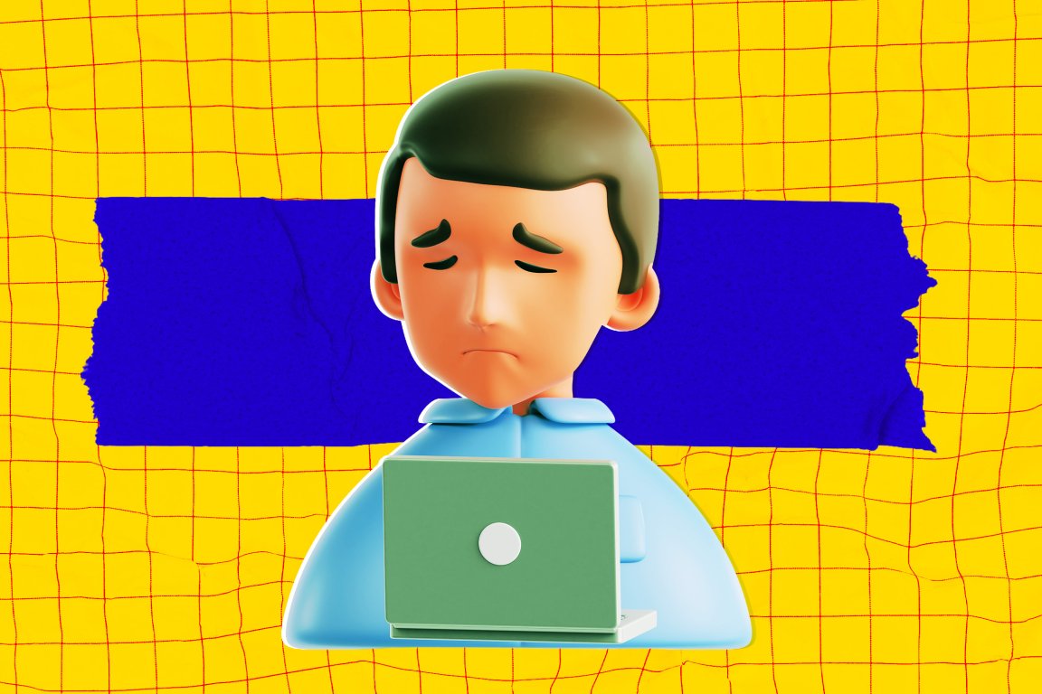 An illustration featuring a 3d model of a depressed male employee at his laptop.