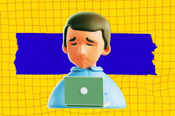 An illustration featuring a 3d model of a depressed male employee at his laptop.