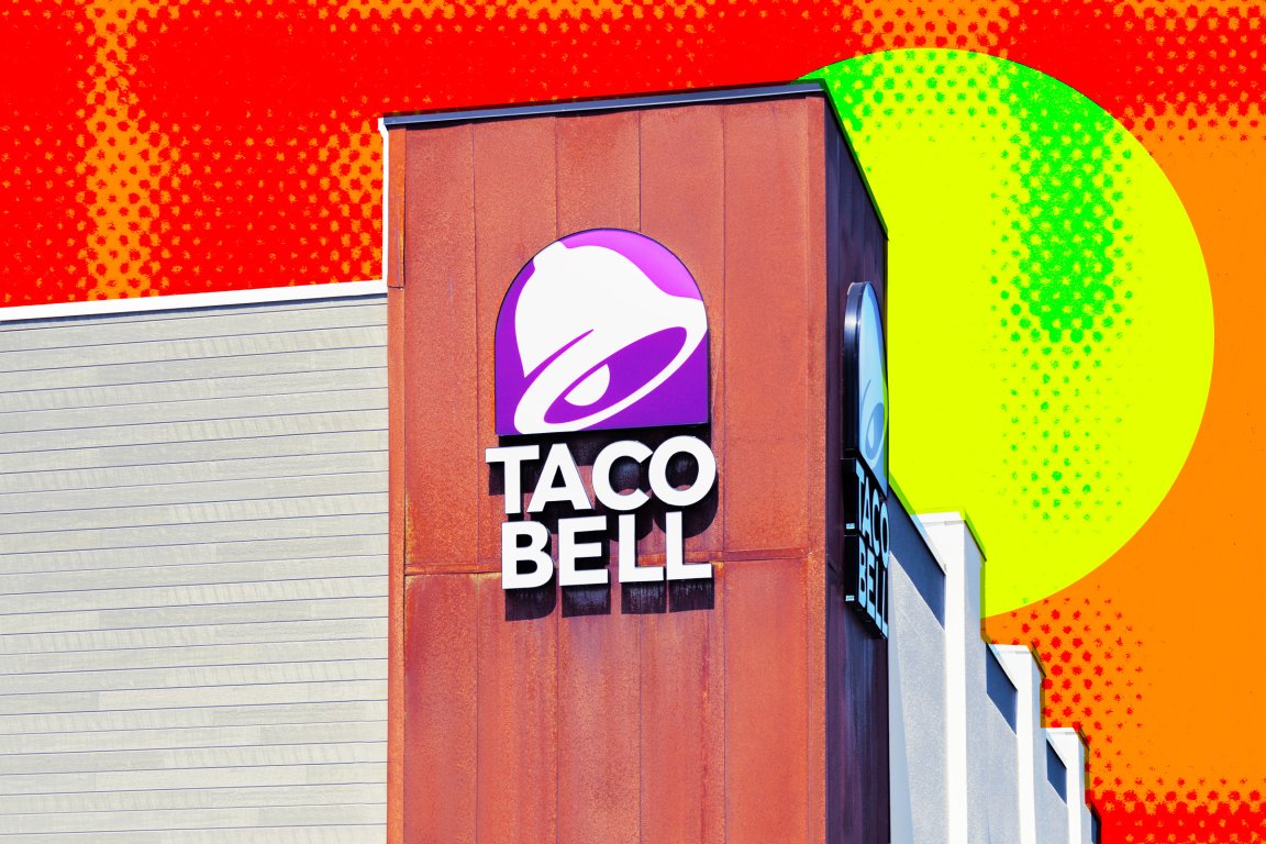 A colorful photo illustration featuring the exterior of a Taco Bell franchise.