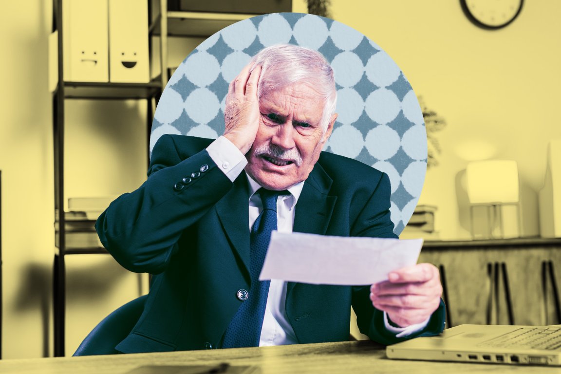 A photo illustration featuring an older male CEO looking at a paper bill in his hand, the other pressed to his check in shock at what's on it.