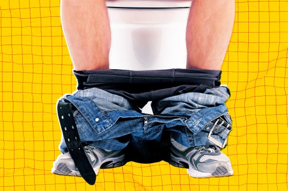 A colorful photo illustration of a man's legs and feet as he sits on the toilet with his pants around his ankles on the ground.