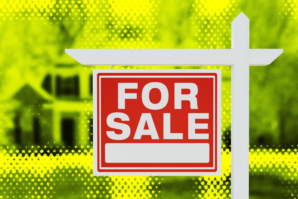 A colorful photo illustration of a "For Sale" sign in front of a house.