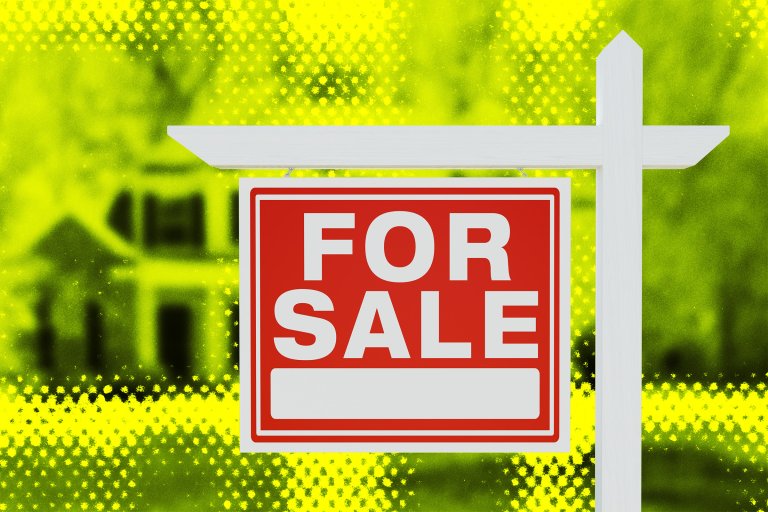 A colorful photo illustration of a "For Sale" sign in front of a house.