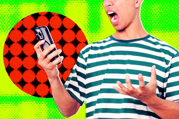 A person wearing a green and white striped shirt is holding a smartphone in one hand and appears to be shouting or expressing frustration. The background is bright green with a red and black circular pattern.