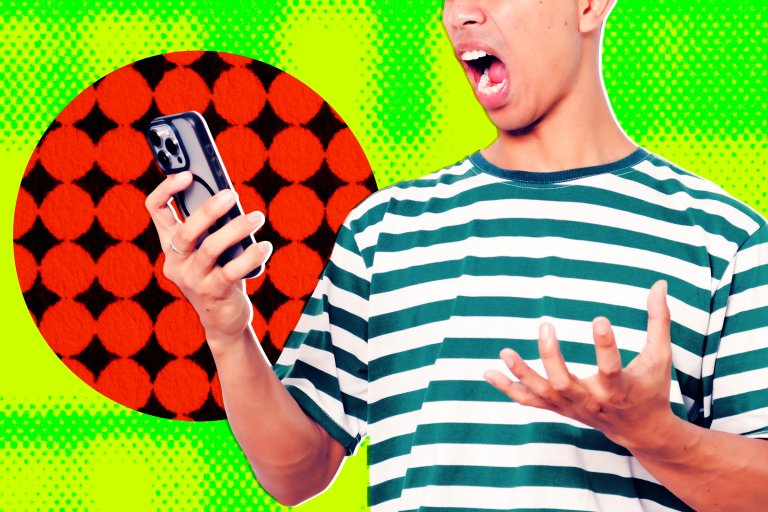 A person wearing a green and white striped shirt is holding a smartphone in one hand and appears to be shouting or expressing frustration. The background is bright green with a red and black circular pattern.