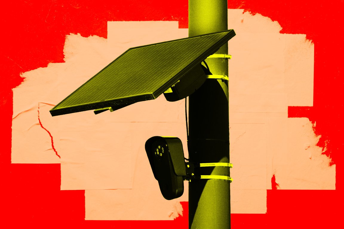 A colorful graphic photo illustration featuring a Flock camera attached to a pole.