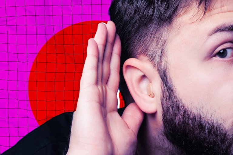 A photo illustration of a man with his hand to his ear listening.