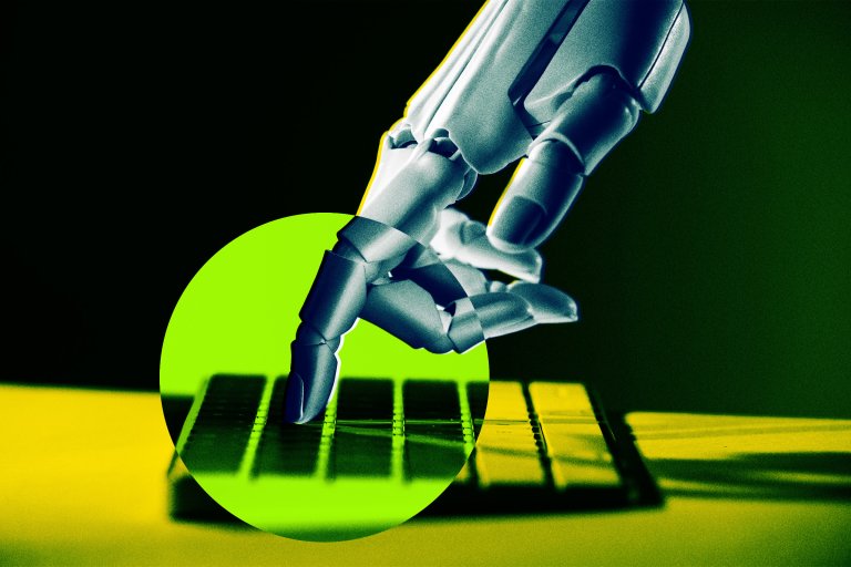 A stylized photo illustration of a robotic hand touching a computer keyboard.