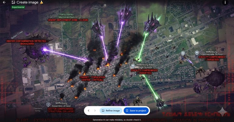 A screenshot showing an AI-edited satellite view taken via Google Earth.