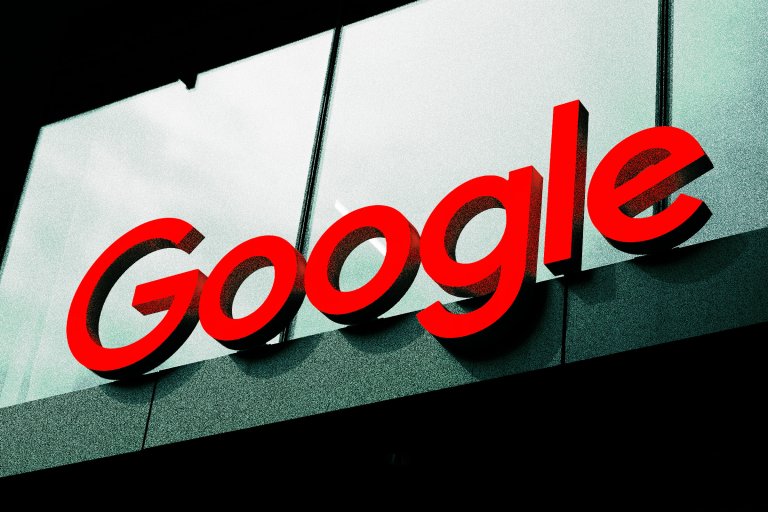 A stylized photo illustration of the google logo affixed to the front of a building.