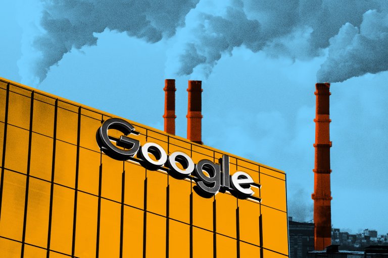 A composite photo illustration featuring a building bearing Google's logo backgrounded by smoke stacks spewing air pollution.