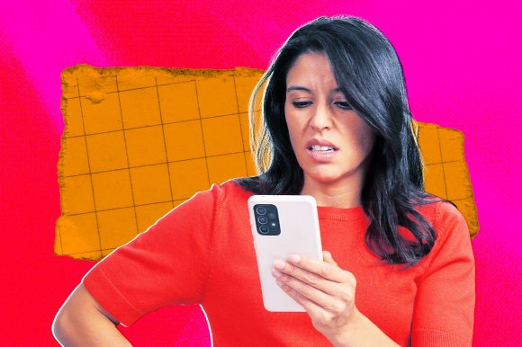 A photo illustration featuring a woman looking at her phone with an unsavory look on her face.