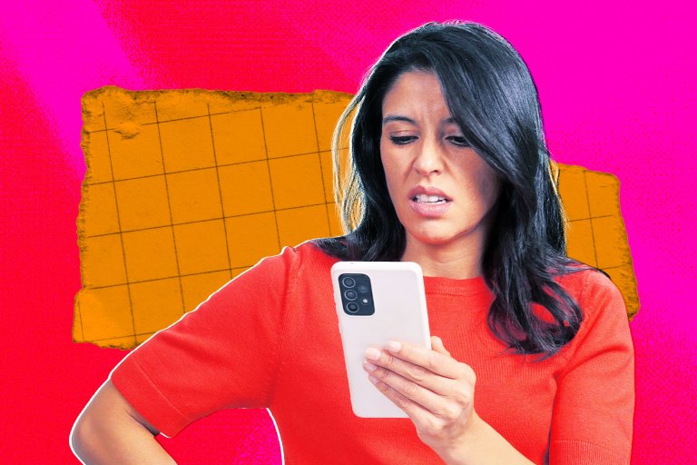 A photo illustration featuring a woman looking at her phone with an unsavory look on her face.