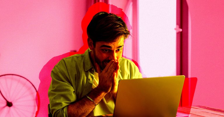 A photo illustration of a man staring at laptop in disbelief.