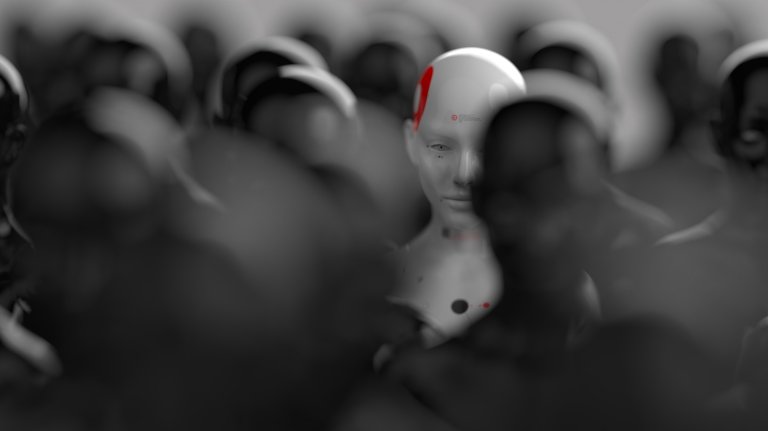 A white humanoid robot with red markings on its head and neck stands out sharply in focus among a crowd of blurred, dark-colored humanoid figures.