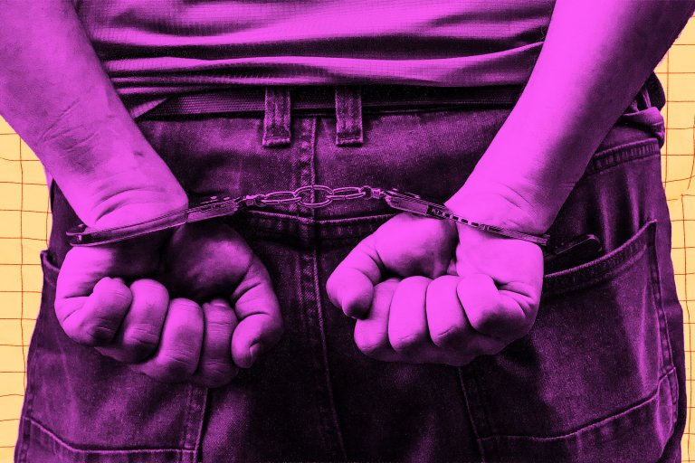 A stylized photo illustration of a man with his hands handcuffed behind his back.
