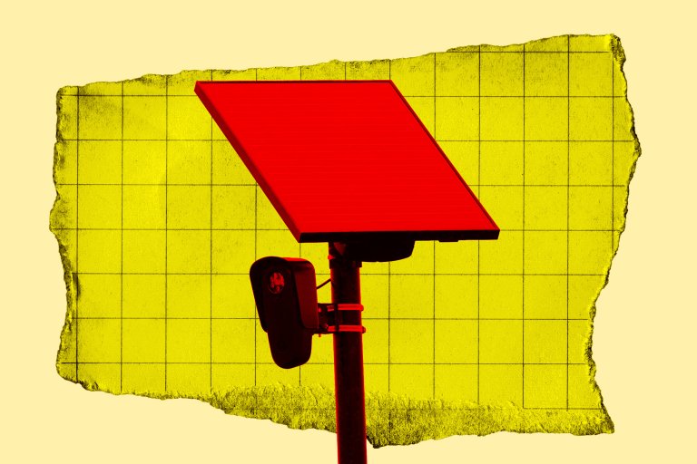 A colorful graphic illustration featuring a photo of a flock camera.