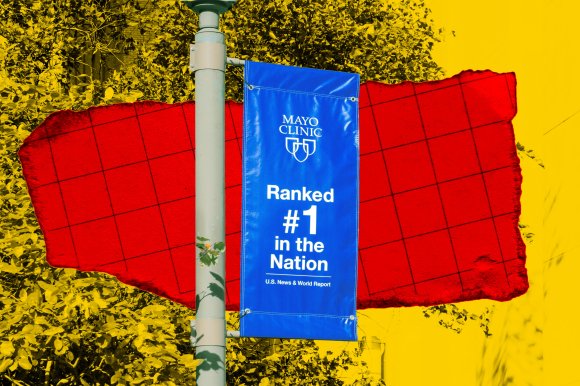 A colorful graphic photo illustration featuring a pole with a sign attached to it advertising the Mayo Clinic as the #1 ranked healthcare provider in the nation according to U.S. News & World Report.