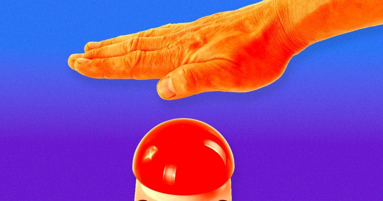 A color-treated photo of a hand pressing a red button.