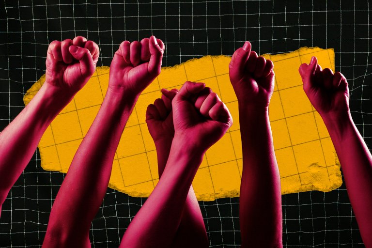 A graphic photo illustration featuring several fists raised in the air.