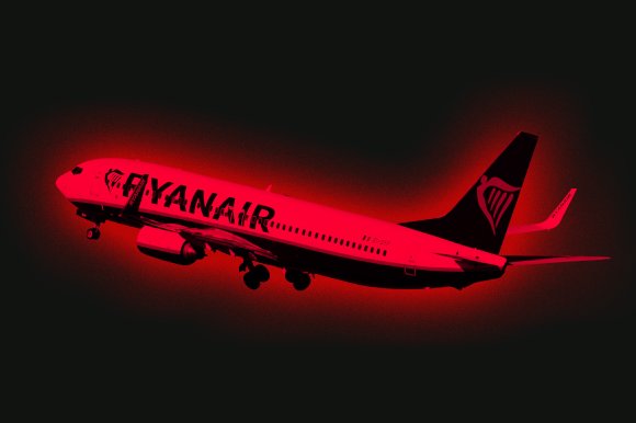 A stylized photo illustration featuring a Ryanair plane over a stark black background.