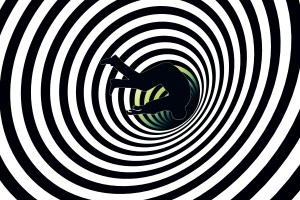 An illustration featuring the silhouette of a man falling into an abstract worm hole.