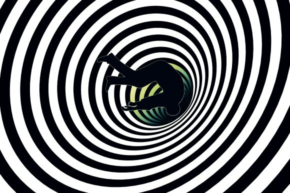An illustration featuring the silhouette of a man falling into an abstract worm hole.
