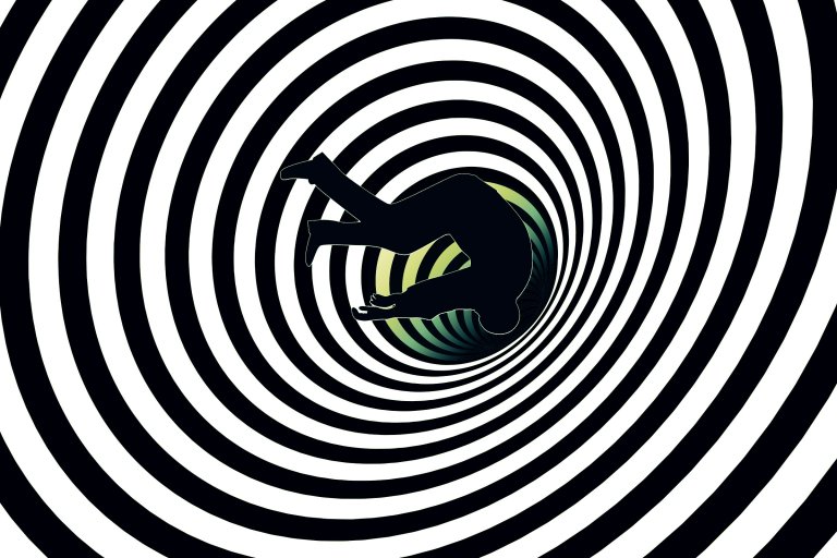 An illustration featuring the silhouette of a man falling into an abstract worm hole.