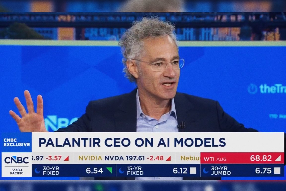 A screenshot of Palantir CEO Alex Karp talking on CNBC.
