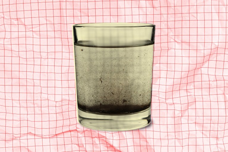 A stylized photo illustration featuring a glass full of dirty drinking water.