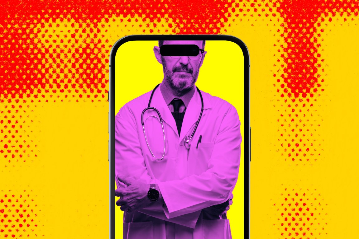 A composite photo illustration featuring the image of a doctor with his features obscured on the screen of a phone.