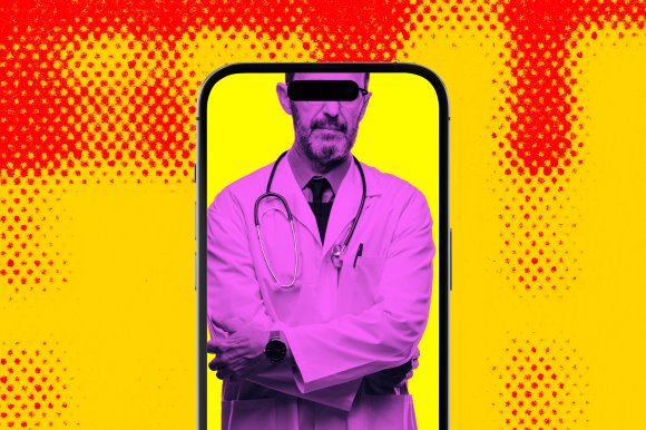 A composite photo illustration featuring the image of a doctor with his features obscured on the screen of a phone.
