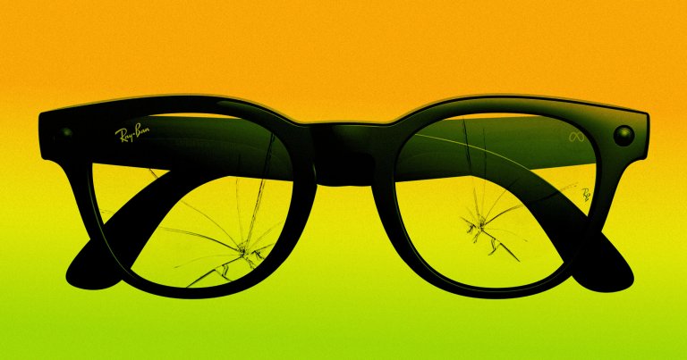 A photo illustration of a pair of Meta smart glasses with the glass cracked.
