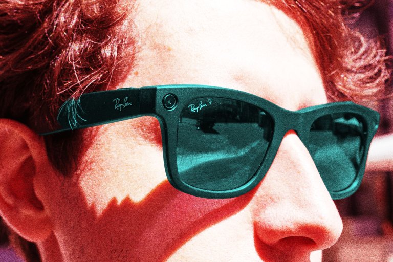 A stylized photo illustration of a man wearing a pair of Meta AI Ray-Ban sunglasses.