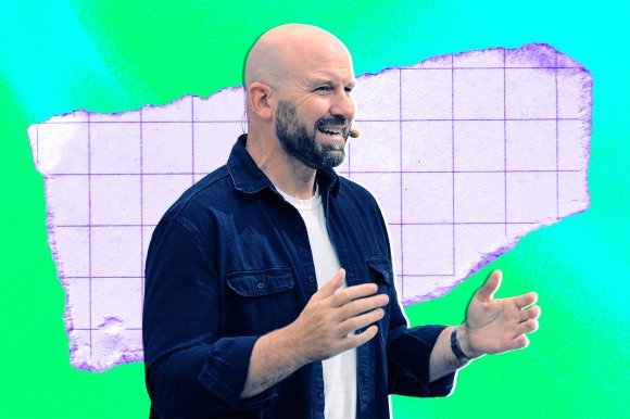 A stylized photo illustration featuring Meta CTO Andrew Bosworth.