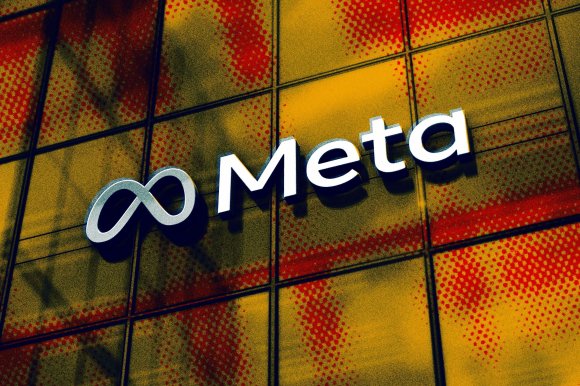 A stylized image of the Meta Logo on the exterior of a glass building.