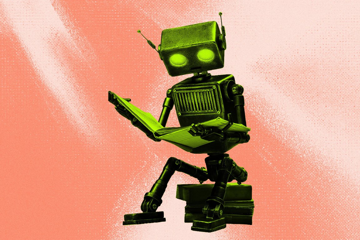 A photo illustration featuring a robot reading from a book in its lap.