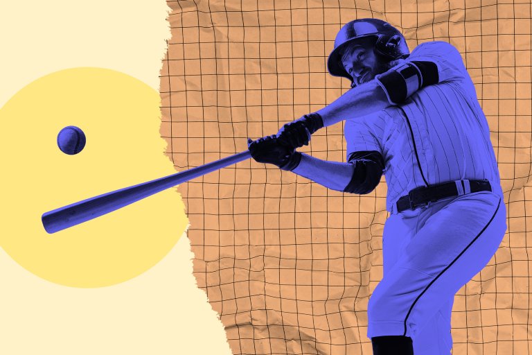 A stylized photo illustration of a baseball player swinging his bat at a ball.