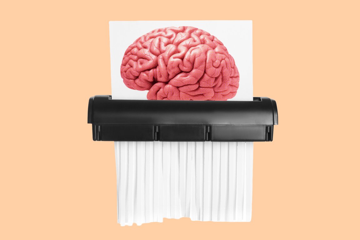 A photo illustration featuring a leaf of paper with a human brain printed on it being fed into a paper shredder.
