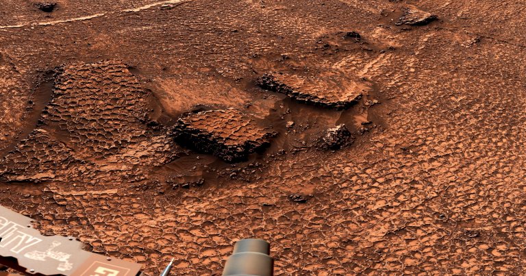 A 360-degree view of an expanse of Martian terrain covered in surface features called polygons, taken by NASA's Curiosity Mars rover.