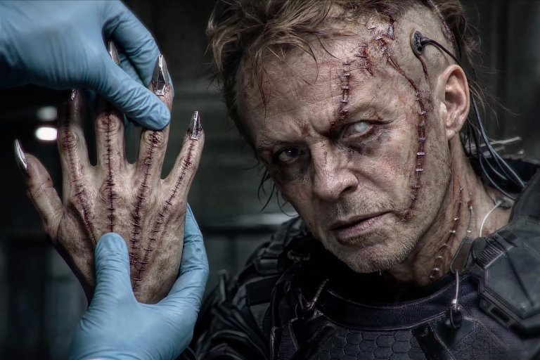 A screenshot of Neill Blomkamp's AI-generated film 'Nightborne,' depicting a zombie soldier.